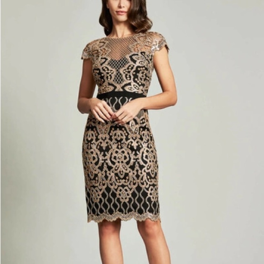 Tadashi Shoji Sequin Black Gold Lace Body-Con Cocktail Dress Size 10